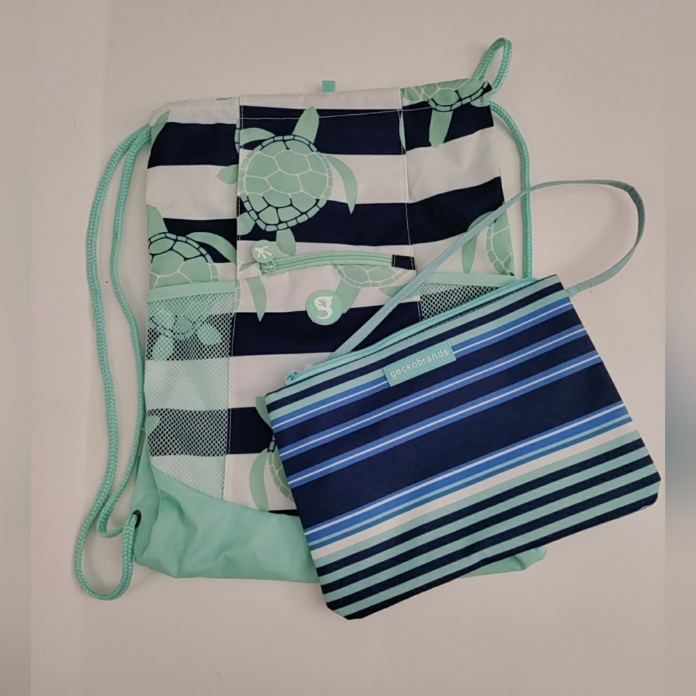 Gecko brands Turtles Drawstring Backpack & wallet Beach Bag Sz 18" x 14" Canvas